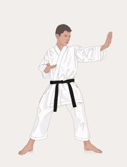 Young karate player. Courage and sport concept. Vector cartoon isolated character