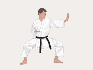 Boy wearing kimono and karate training. Courage and sport concept. Vector cartoon isolated character