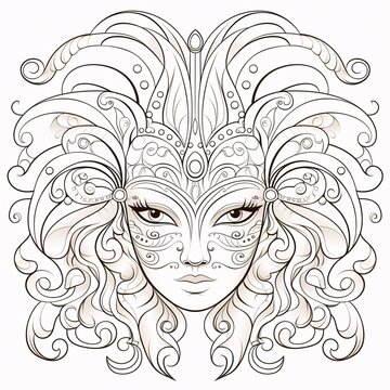 Black and white coloring sheet, carnival mask with decorations. Carnival outfits, masks and decorations.