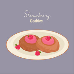 Flat Design Illustration with Two Cookies at Strawberry