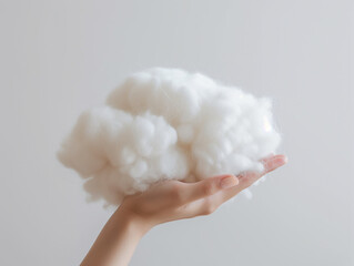 A woman's hand holds hypoallergenic fiberfill, promoting comfortable sleep. The image against a white background highlights the concept.