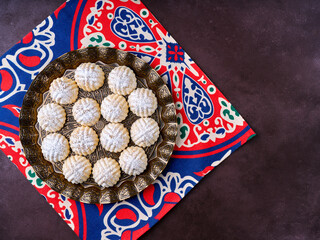 Arabic cuisine. Date stuffed semolina cookies . Maamoul with dates, pistachio   or walnuts . Traditional middle eastern sweets  for celebration  Eid Al- Fitr after Ramadan