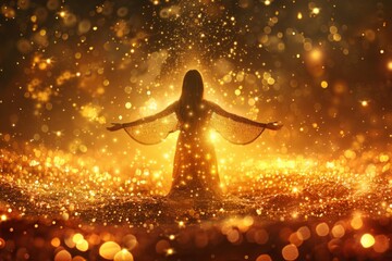 Fototapeta na wymiar Woman spreading her hands in a golden glitter field, concept of happiness, wealth, gold, achievement, luck