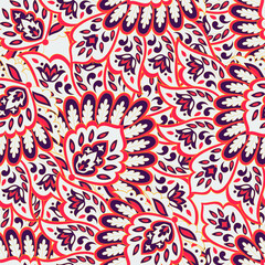 Seamless pattern with ethnic flowers. Vector Floral Illustration in asian textile style - 740866770
