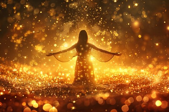 Woman spreading her hands in a golden glitter field, concept of happiness, wealth, gold, achievement,  luck