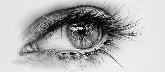 Obraz premium A monochrome drawing of a womans eye with long eyelashes and detailed iris, showcasing the art of closeup eye liner and eyebrow in the painting