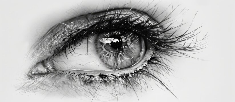 A monochrome drawing of a womans eye with long eyelashes and detailed iris, showcasing the art of closeup eye liner and eyebrow in the painting