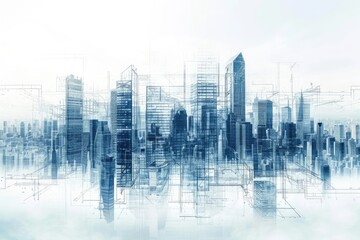 Blue and White City Skyline at Dusk, Evolving skyline of future cities superimposed over related blueprints, AI Generated
