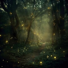 Magical fireflies illuminating a dark enchanted forest