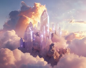 Dreamy cloud formations resembling an airborne island of Bitcoin crystals - obrazy, fototapety, plakaty