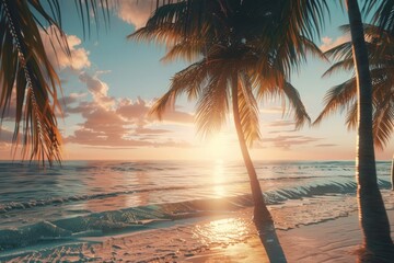 At sunset, a tropical island beach transforms into a breathtaking and idyllic scene, captivating with its beauty and tranquility - obrazy, fototapety, plakaty