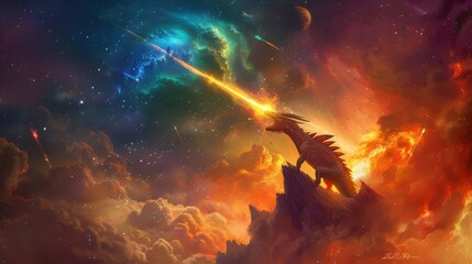 Craft a beautiful painting depicting a meteor casting colorful light onto a mythical creature - obrazy, fototapety, plakaty
