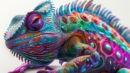 Create an intriguing artwork inspired by a genetically engineered animal with vibrant colors and unique patterns