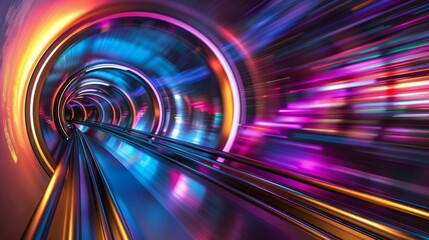 A high tech time capsule in a warp tunnel with bright swirling colors signifying time travel - obrazy, fototapety, plakaty