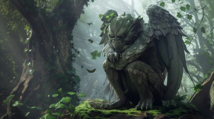 A mystical gargoyle in the heart of a fantasy forest surrounded by mythical creatures and ancient trees - obrazy, fototapety, plakaty
