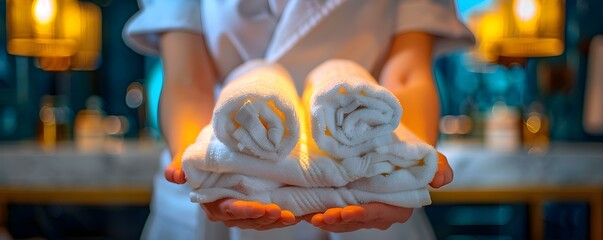 Hands of chambermaid arranging fresh towels in hotel room. Concept Room Service, Hotel Hospitality, Housekeeping Duties, Clean and Organized Room