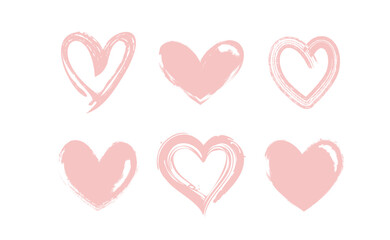 Heart shape illustrations made with brush stroke. Vector collection of hand drawn grunge Valentine hearts. Isolated on white background.