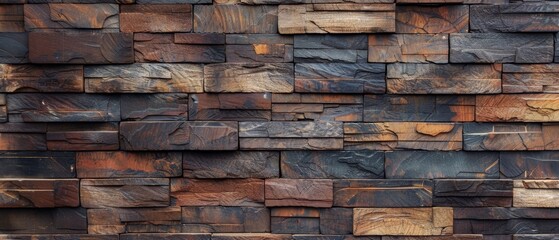 An artful wall design crafted from blocks of wood in various tones creates a mesmerizing geometric pattern, marrying nature's beauty with human craftsmanship.
