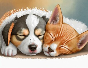 Cat and dog sleep together. Kitten and puppy napping. 