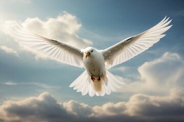 A white pigeon fly soaring through a peaceful sky.  