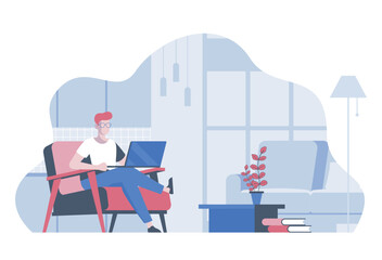 Freelancer at home concept with cartoon people in flat design for web. Remote worker doing tasks at laptop from comfy condition office. Vector illustration for social media banner, marketing material.