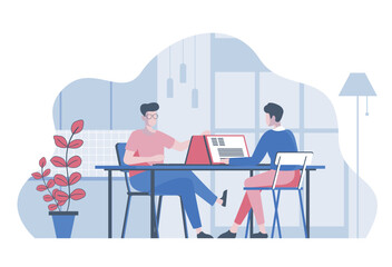 Outsourcing team concept with cartoon people in flat design for web. Employees working at project distantly and connecting together. Vector illustration for social media banner, marketing material.