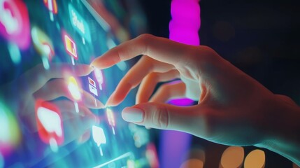 female hand touching smart device with computer icons