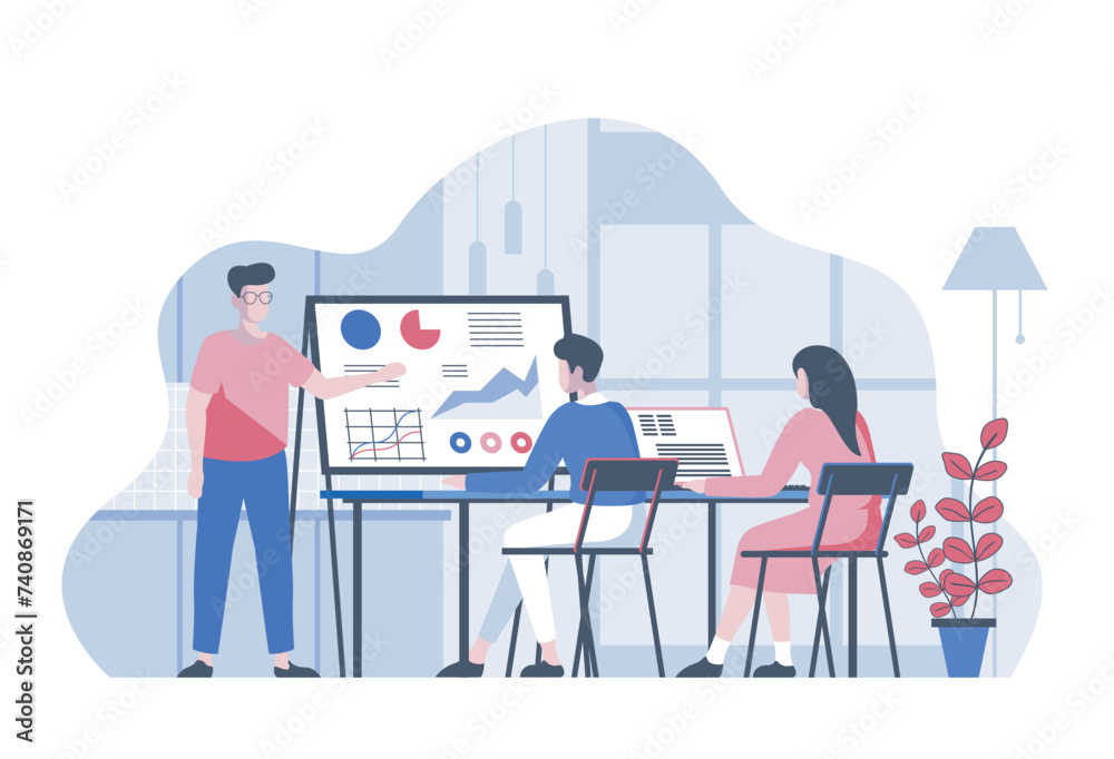 Poster startup team concept with cartoon people in flat design for web. colleagues working at project, brai