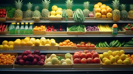 Fresh fruits and vegetables on shop stand in the supermarket or grocery store. Business healthy food concept. - obrazy, fototapety, plakaty