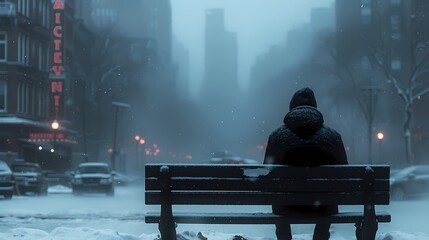 A person sitting alone on a bench in a bustling city square, their face a mask of loneliness and...