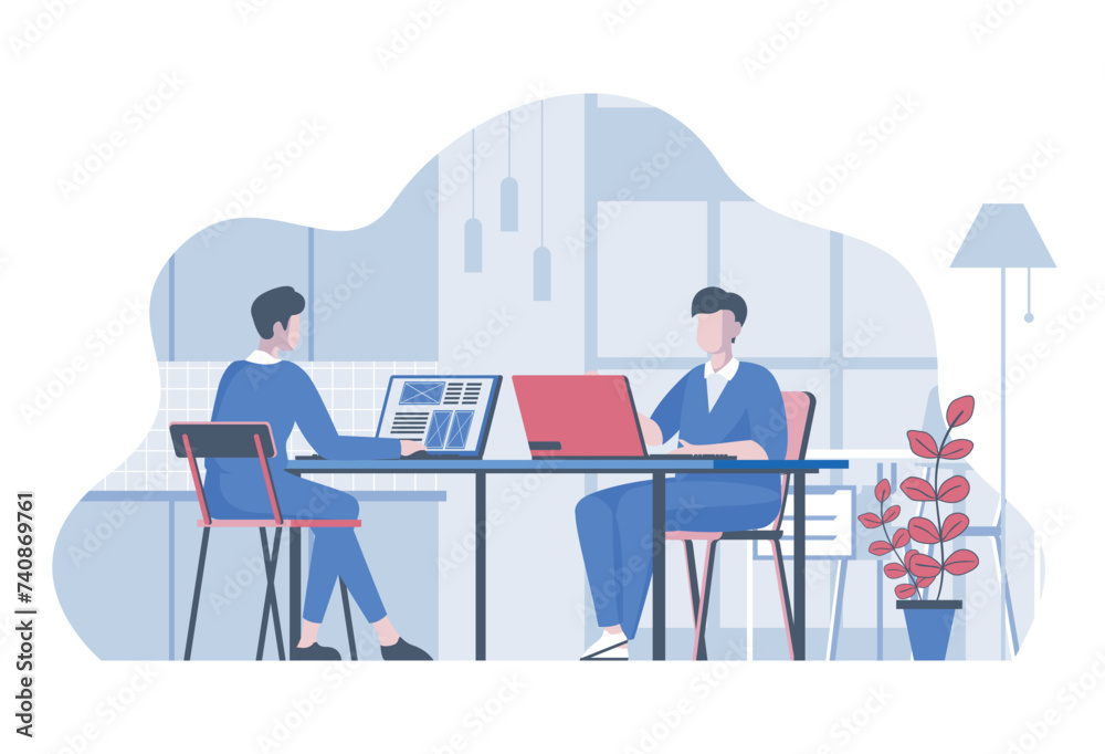 Aufkleber Web development concept with cartoon people in flat design for web. Programmer team creating interface layout and homepages in office. Vector illustration for social media banner, marketing material.