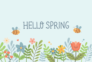 Hello spring, spring background. Cute card. Spring collection of animals, flowers and decorations. For poster, card, scrapbooking , stickers. Hello spring banner background template 