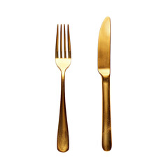matte gold fork and matte gold knife, top view, isolated on transparent background