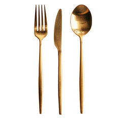 matte gold fork and matte gold knife, top view, isolated on transparent background - obrazy, fototapety, plakaty