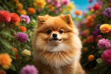 Fototapeta na wymiar A stunning Pomeranian with a vibrant coat of rainbow colors, standing proudly against a backdrop of lush greenery and blooming flowers. 