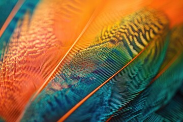This close-up photo captures the vibrant colors and intricate patterns of a birds feathers, Extreme close-up of a vibrant featherâ€™s texture, AI Generated