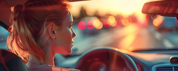 Obraz na płótnie Canvas Stylish businesswoman travels in luxury car during evening commute. Concept Luxury Car, Businesswoman, Evening Commute, Stylish, Travel