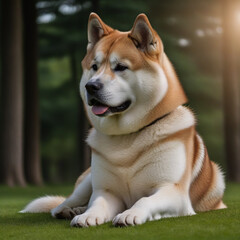 Fototapeta premium Japanese Akita dog poses with its whole body in nature