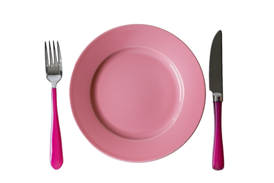 modern color plate with fork and knife, top view, isolated on transparent background