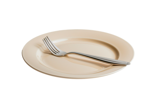 modern color plate with fork and knife, top view, isolated on transparent background