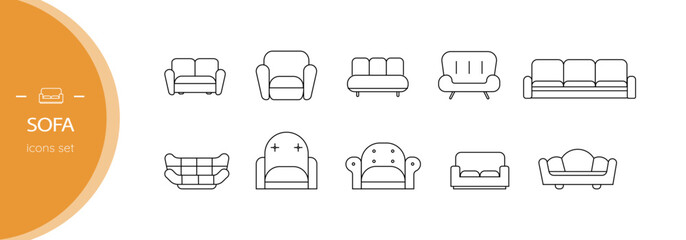 Set of sofa icons. Linear, vector, isolated on white background.