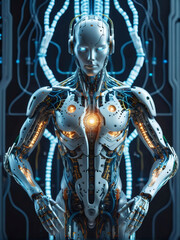 cybernetic deity, with limbs that intertwine with circuitry and glowing neural pathways.