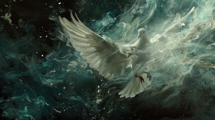 Flying white dove, Symbol of peace. Gifts of holy spirit concept	
