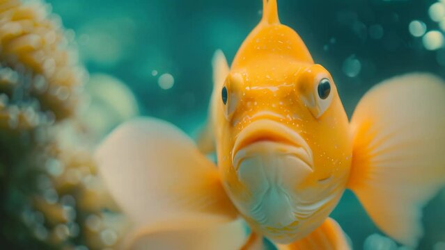 closeup of a yellow fish underwater. 4k video animation