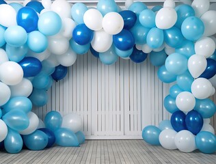 Blue and white balloon decorations on a white background indoors for birthday parties and other celebrations