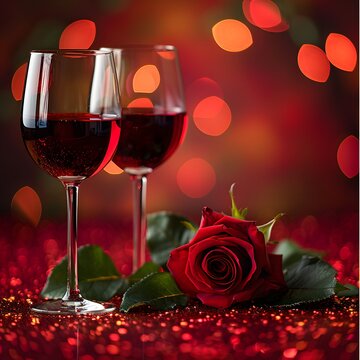 a red rose lying on a surface with two glasses of red wine beside it. The rose is the central focus of the image, with the wine glasses placed slightly above it. The wine glasses are filled with red w
