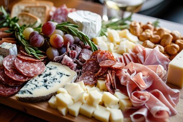 A variety of cheeses, meats, and deli items showcased on a wooden cutting board for a delectable charcuterie spread, Fancy, artisanal cheese and charcuterie board, AI Generated