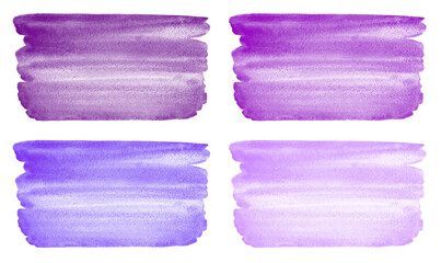 Watercolor brush strokes, smears set. Banners, text frames collection, rectangle shape. Purple, lilac, violet watercolour stains textures. Painted aquarelle templates bundle, artistic backgrounds.