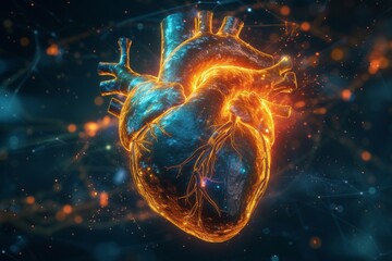 Futuristic hologram of a human heart, illuminated in orange on a dark background. The concept of innovation in cardiology, the study of diseases and disorders of the cardiovascular system. Copy space