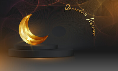 Ramadan Luxury Islamic Podium with gold crescent moon, traditional islamic round frame. 3D Horizontal Arabic Banner for product showcase, Product presentation, cosmetic, base, sales, black background